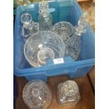 A BOX OF CUT GLASS DECANTERS, FRUIT BOWLS ETC.