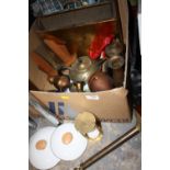 A BOX OF METALWARE TO INCLUDE A HAMMER FINISH PEWTER TEA SERVICE
