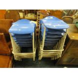 A QUANTITY (13) OF BLUE SEATED STACKING STOOLS