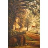 A GILT FRAMED OIL ON BOARD OF A WOODED LANDSCAPE WITH A WOMAN HOLDING A SHEATH OF CORN, SIZE 60 CM X
