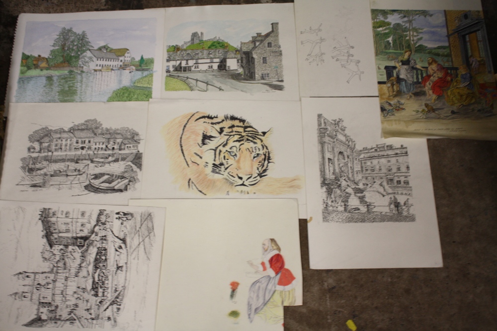 A LARGE QUANTITY OF UNFRAMED PICTURES TO INCLUDE WATERCOLOURS, PEN AND INK DRAWINGS ETC - Image 4 of 16