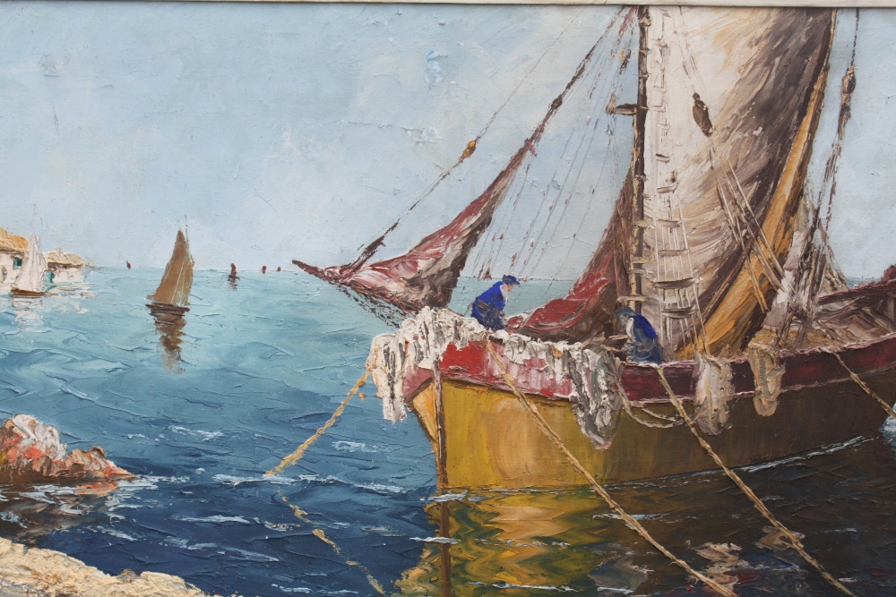 A LARGE FRAMED OIL ON CANVAS OF A HARBOURED FISHING BOAT SIGNED ROBETVAL LOWER LEFT, W 121CM X H - Image 2 of 4
