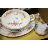 A ROYAL ALBERT MOSS ROSE TUREEN, MEAT PLATE, SIDE PLATE, PEPPERETTE TOGETHER WITH A MOONLIGHT ROSE