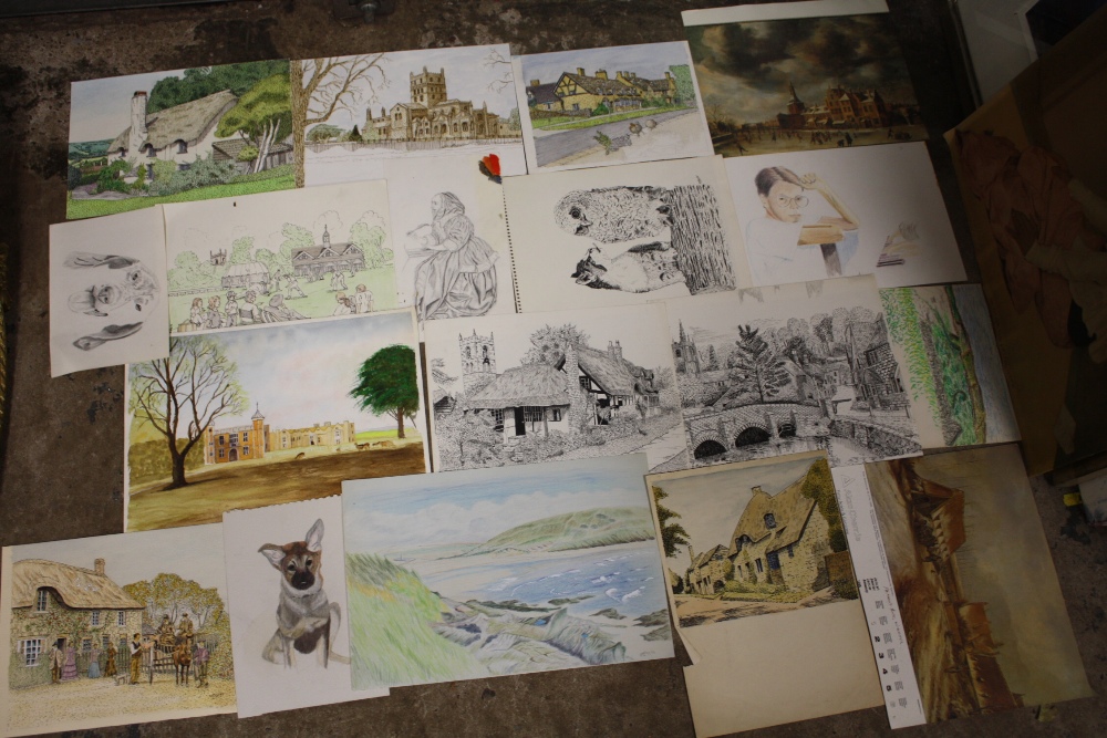 A LARGE QUANTITY OF UNFRAMED PICTURES TO INCLUDE WATERCOLOURS, PEN AND INK DRAWINGS ETC - Image 2 of 16