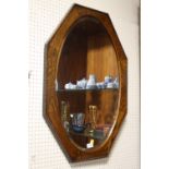 A VINTAGE OAK FRAMED HEXAGONAL BEVEL EDGED WALL MIRROR, OVERALL SIZE 86 CM X 61 CM