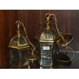 TWO BRASS AND GLASS CEILING LIGHT FITTINGS, TALLEST 33 CM