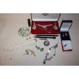 A BOX OF COSTUME JEWELLERY AND COLLECTABLES TO INCLUDE A HALLMARKED SILVER COMPACT PENDANT