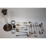 A BAG OF COLLECTABLES TO INCLUDE PEWTER NAPKIN RINGS, CANDLESTICK ETC.