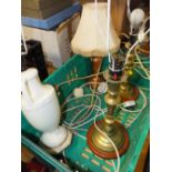 A BOX OF TABLE LAMPS TO INCLUDE BRASS EXAMPLES (PLASTIC TRAY NOT INCLUDED)