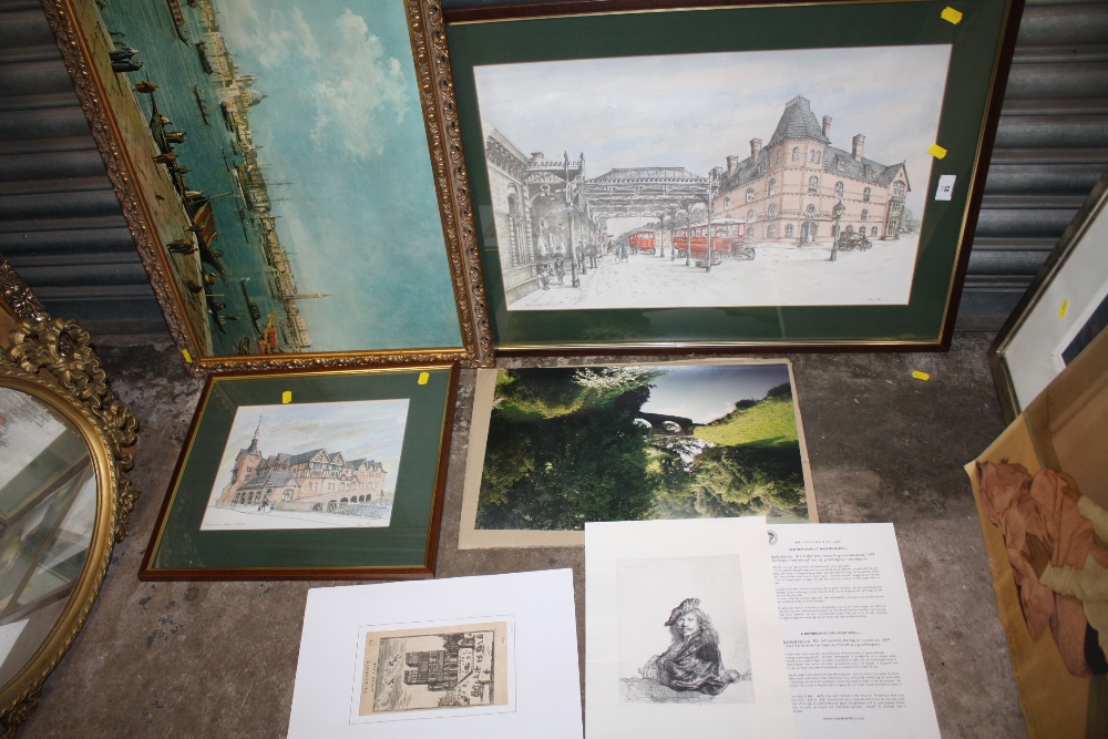 A COLLECTION OF FRAMED AND UNFRAMED PICTURES TO INCLUDE LOCAL INTEREST PRINTS ETC