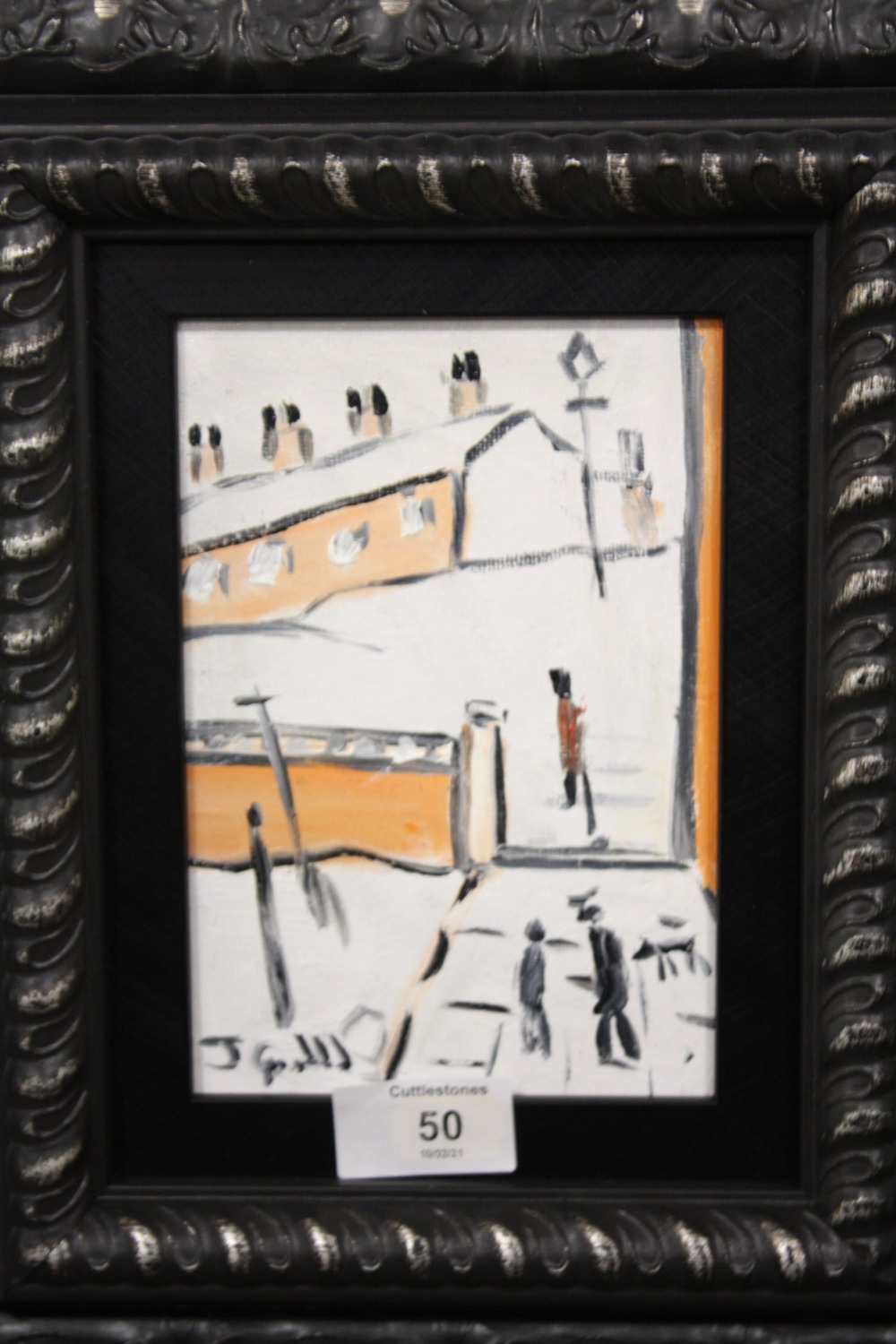 A MODERN FRAMED OIL ON BOARD OF FIGURES BY A WALL IN A LOWERY STYLE BY JOHN GOODLAD (INFO VERSO)