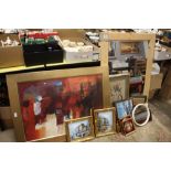 A COLLECTION OF PICTURES PRINTS AND MIRRORS TO INCLUDE A PAIR OF GILT FRAMED OIL ON CANVASES, PINE