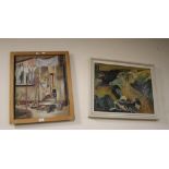 MARJORIE MARTIN - AN ABSTRACT OIL PAINTING ON BOARD AND ANOTHER ON CANVAS OF A BACK DOOR