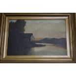 A GILT FRAMED OIL ON CANVAS OF A LAKESIDE SCENE 43 X 34 CM