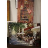 TWO MODERN OIL ON CANVASES ONE DEPICTING A CAFE SCENE, THE OTHER TWO BIRDS SITTING ON A CAGE