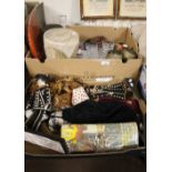 TWO BOXES OF COLLECTABLES TO INCLUDE PEARLY KING AND QUEEN DOLLS AND AN AFRICAN DRUM