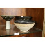 THREE STUDIO POTTERY BOWLS WITH CM MONOGRAM MARK