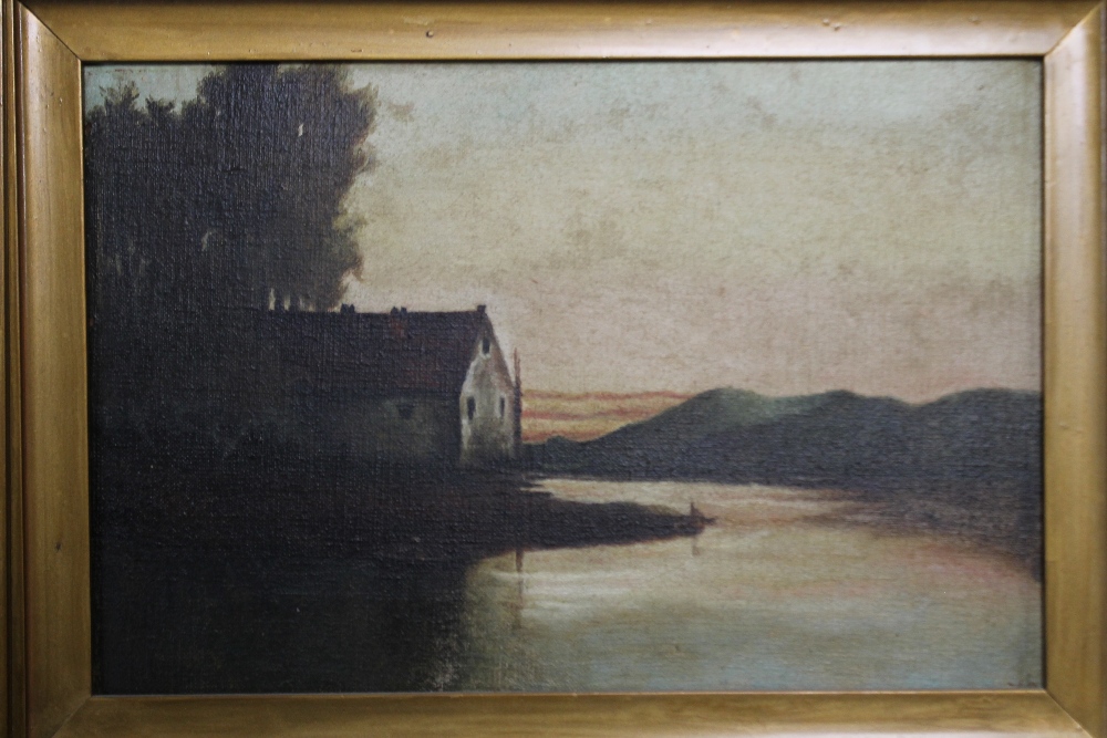 A GILT FRAMED OIL ON CANVAS OF A LAKESIDE SCENE 43 X 34 CM - Image 2 of 3