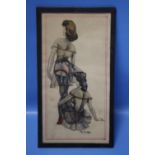 A SMALL FRAMED WATERCOLOUR OF SCANTILY CLAD LADIES 23 X 13 CM