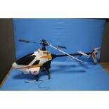 A VINTAGE VENTURE CP REMOTE CONTROL HELICOPTER WITH INSTRUCTIONS, SIX CHANNEL RADIO, FUEL AND