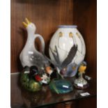 A STUDIO POTTERY VASE DECORATED WITH GEESE ALONG WITH A QUANTITY OF BIRD ORNAMENTS