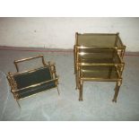 A BRASS MAGAZINE RACK AND A BRASS NEST OF TABLES