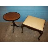 A QUEEN ANNE LEGGED DRESSING STOOL AND AN OVAL LEATHER INLAID PEDESTAL WINE TABLE