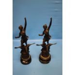 A PAIR OF FRENCH SPELTER FIGURES "LA NUIT" MOUNTED ON WOODEN PLINTHS, H 45 CM