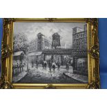 A GILT FRAMED OIL ON CANVAS PAINTING OF THE MOULIN ROUGE, PARIS, 76 X 66 CM