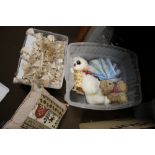 A BOX OF SOFT TOYS, CUSHIONS AND A BOX OF CLOTHES INCLUDING FUR HATS AND STRAW BOATERS