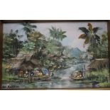 N. K. KAMPAN - A FRAMED OIL ON BOARD DEPICTING A FAR EASTERN RIVER SCENE, 31 X 23 CM