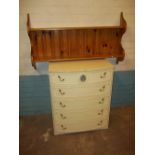 A LOUIS STYLE BOW FRONTED CHEST OF FIVE DRAWERS AND A PINE PLATE RACK