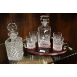 A DECANTER SET AND TUMBLERS ON TRAY AND ONE OTHER DECANTER