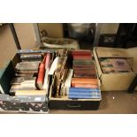 TWO BOXES OF VINTAGE BOOKS AND A BOX OF MISCELLANEOUS ENGRAVINGS, SCRAPS ETC,