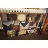ABSTRACT ART ON WOOD TITLED "SPANISH VILLAGE", SIGNED MARJORIE MARTIN
