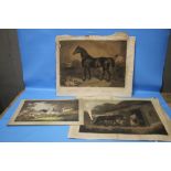 THREE MOUNTED ENGRAVINGS - HORSES FRIGHTENED BY LIGHTNING, THE HORSE FEEDER AND ANOTHER (3)
