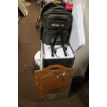 ELEVEN DRAWER STORAGE CHEST ON CASTORS AND WBA SHOULDER BAG CONTAINING DRAWING EQUIPMENT AND STAGG