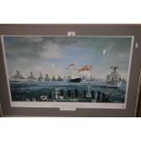 A FRAMED AND GLAZED PRINT ENTITLED "THE SPITHEAD FLEET REVIEW" BY LESLIE WILCOX