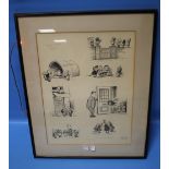 A FRAMED THELWELL PEN & INK SET OF DRAWINGS WITH LABEL ON BACK "PRESENTED TO MISS E. G. WILLIAMS,