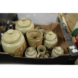 A TRAY OF CERAMIC POTS, FLOUR, COFFEE ETC. SOME LIDDED (TRAY NOT INCLUDED)