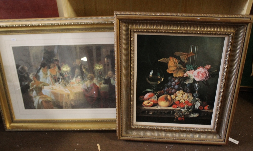 A STILL LIFE OIL ON CANVAS TOGETHER WITH A FRAMED AND GLAZED PRINT
