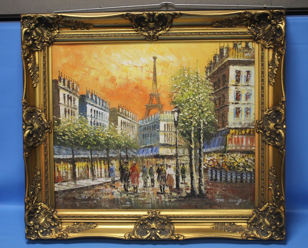 A GILT FRAMED OIL ON CANVAS PAINTING OF A PARIS STREET SCENE, 76 X 66 CM - Image 2 of 3