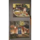 TWO OIL ON CANVAS PAINTINGS - A WALLED GARDEN AND A SEWING BOX, BOTH SIGNED M. MARTIN