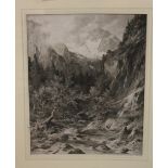 A FRAMED PRINT DEPICTING A MOUNTAINSIDE SCENE WITH DEER IN FOREGROUND SIGNED L. FAUSTNER