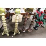 TWO PAIRS OF CANDLESTICKS, ONE TALL WOODEN BARLEY TWIST 48 CM HIGH AND OTHER TALL GILT 46 CM AND A