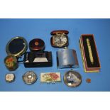 A TIN OF COLLECTABLES TO INCLUDE A HIP FLASK
