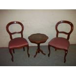 TWO REPRODUCTION BALLOON BACK CHAIRS AND AN INLAID PEDESTAL WINE TABLE