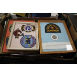 TWELVE FRAMED POLICE RELATED CLOTH BADGES AND A BUNDLE OF LOOSE CLOTH BADGES AND SIX AMERICAN