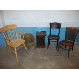 FIVE ITEMS TO INCLUDE FOUR CHAIRS AND AN ANTIQUE DECORATED OAK CUPBOARD