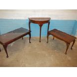 AN INLAID CABRIOLE LEG, A REPRODUCTION DEMI LUNE HALF MOON TABLE AND A MATCHING COFFEE TABLE